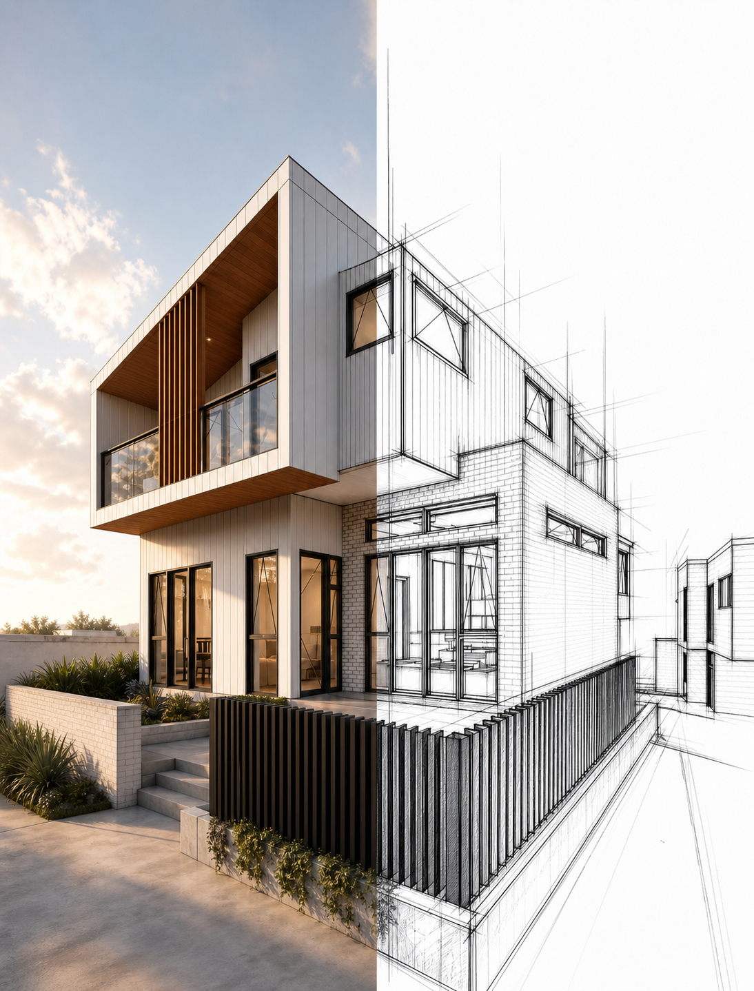 Matipo residential concept transitioning from architectural render to line drawing.