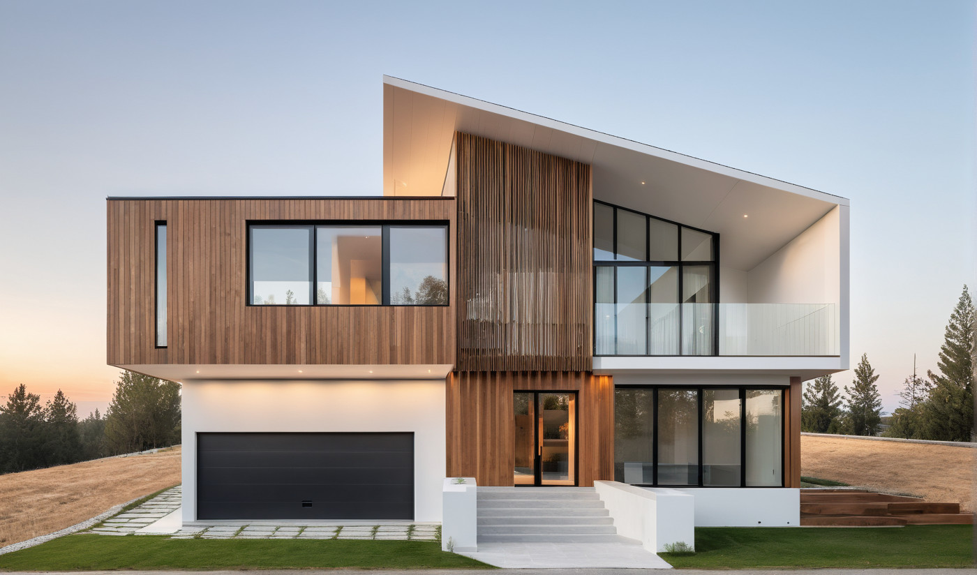 Jellicoe Road residence with timber screens and a folded white roof.