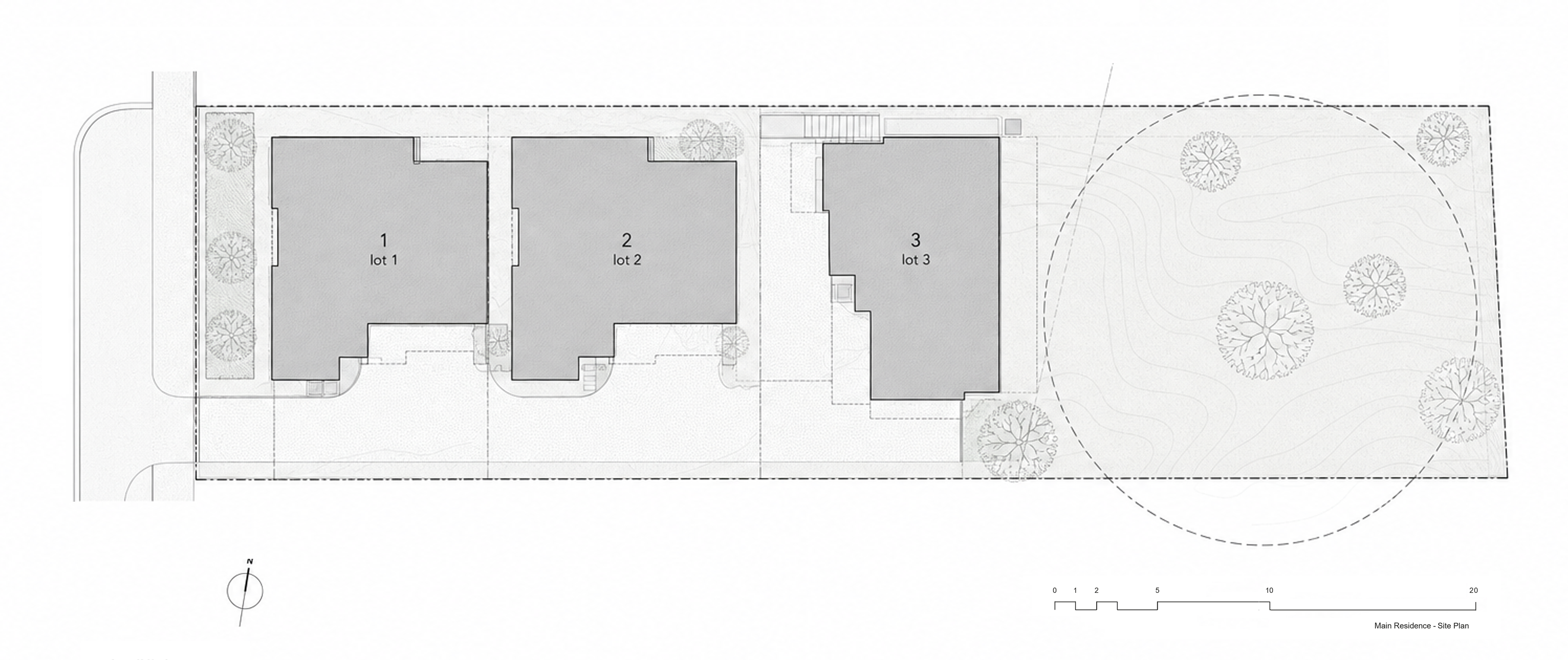 Site plan for the Mt Eden project showing three lots and landscape areas.