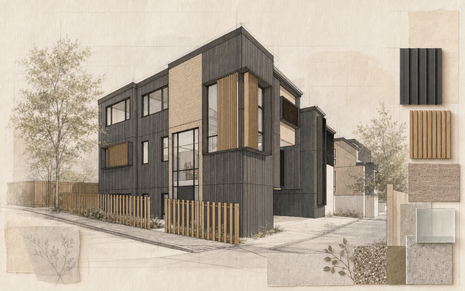 Concept render and material palette for the Mt Eden residential project.