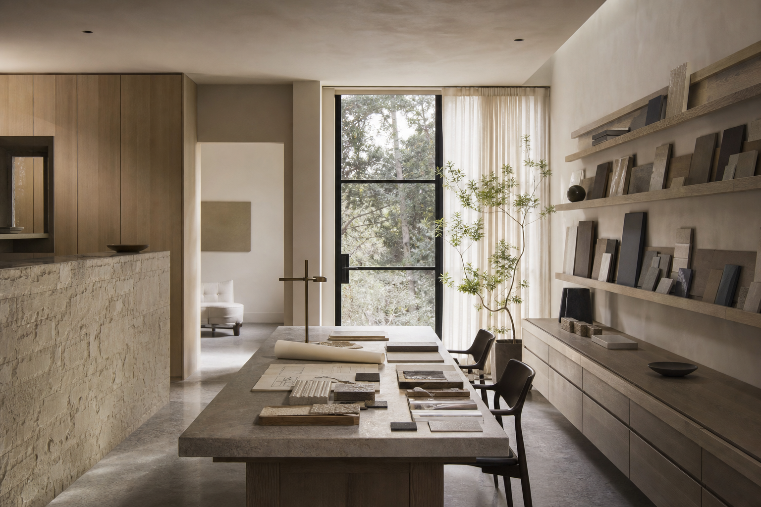 A calm material studio with stone, timber, samples and natural light.